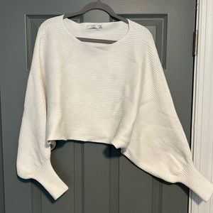 White Ribbed Cropped Dolman Sleeve Sweater